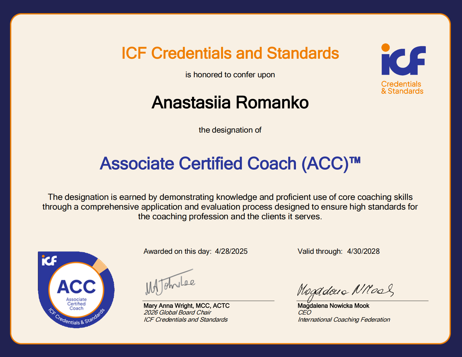 Associate Certified Coach (ACC) Certification document preview
